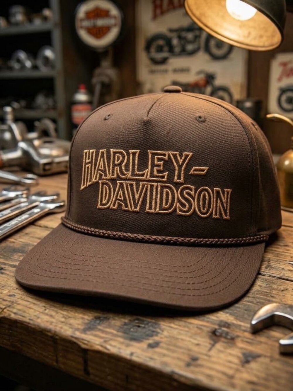 Retro Harley Davidson Hat Gold Script Brown Cloth OTTO Rope Snapback Cap USA New